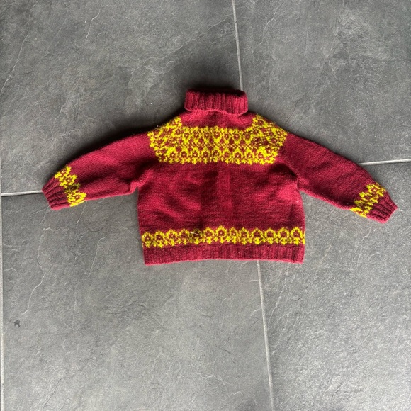 Handmade Wool Fair Isle Toddler Sweater | Burgundy & Yellow | Size 3T–4T - Picture 1 of 3
